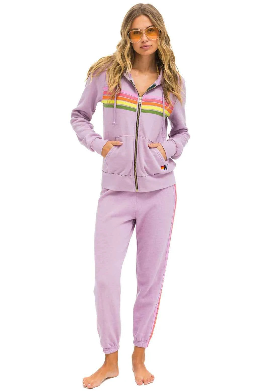 5 Stripe Zip Hoodie Mauve Pink Green