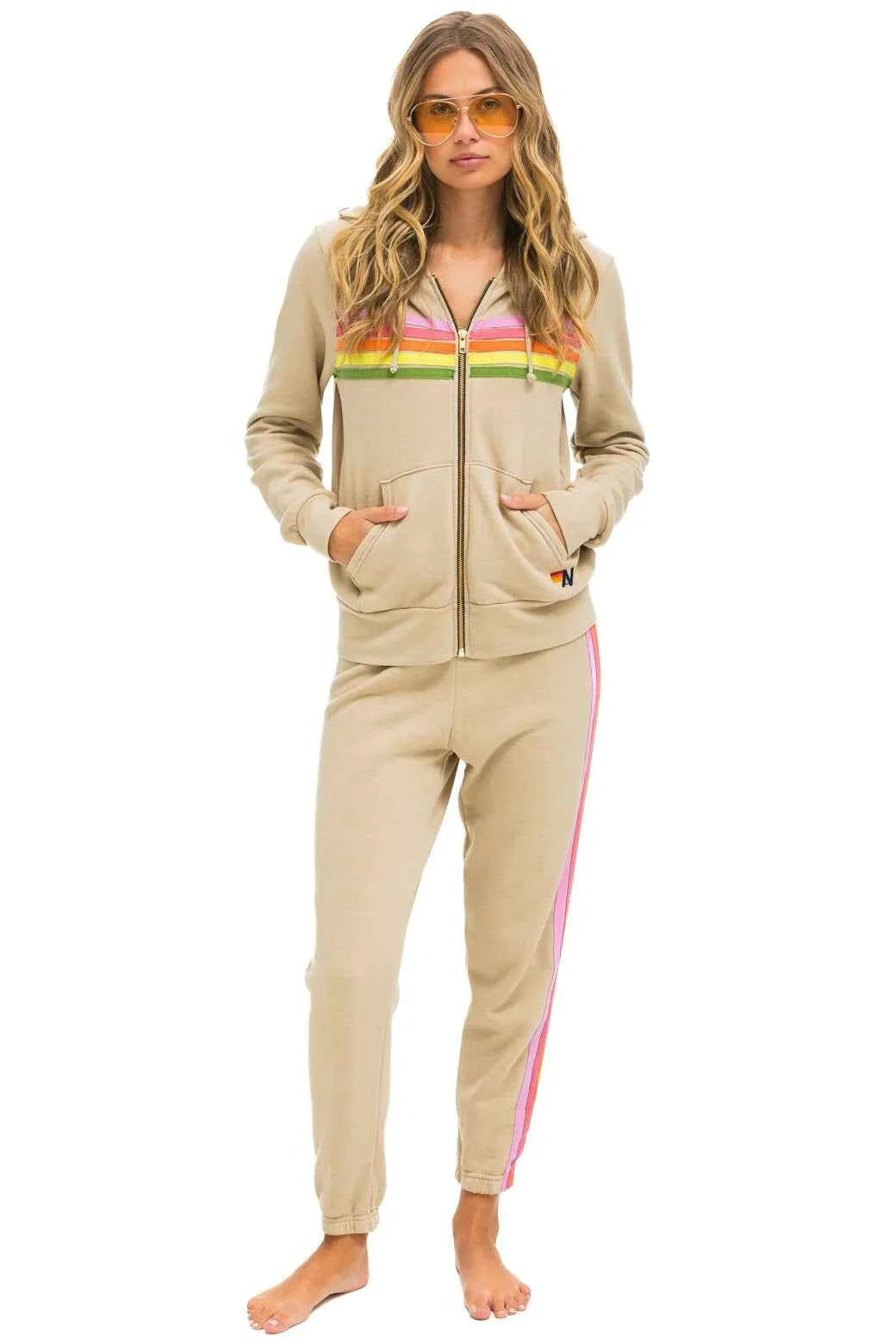 5 Stripe Zip Hoodie Sand Pink Green