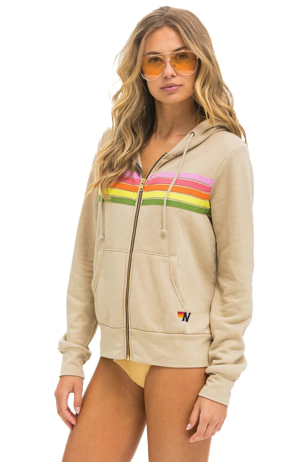5 Stripe Zip Hoodie Sand Pink Green