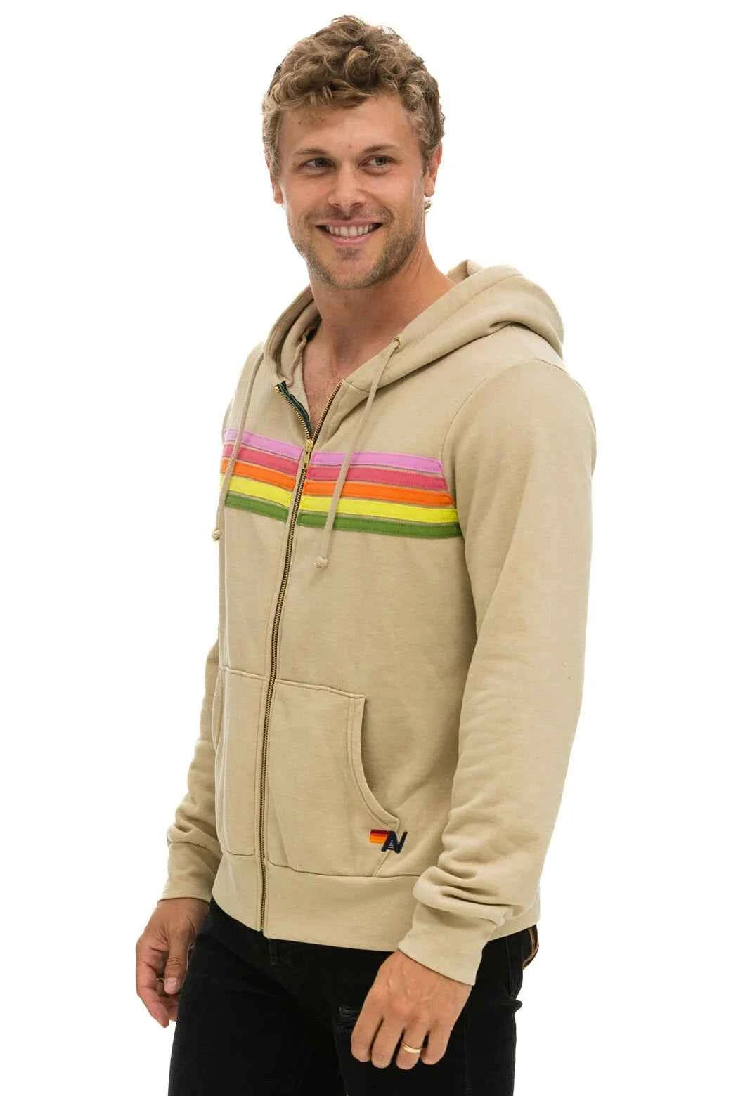 5 Stripe Zip Hoodie Sand Pink Green