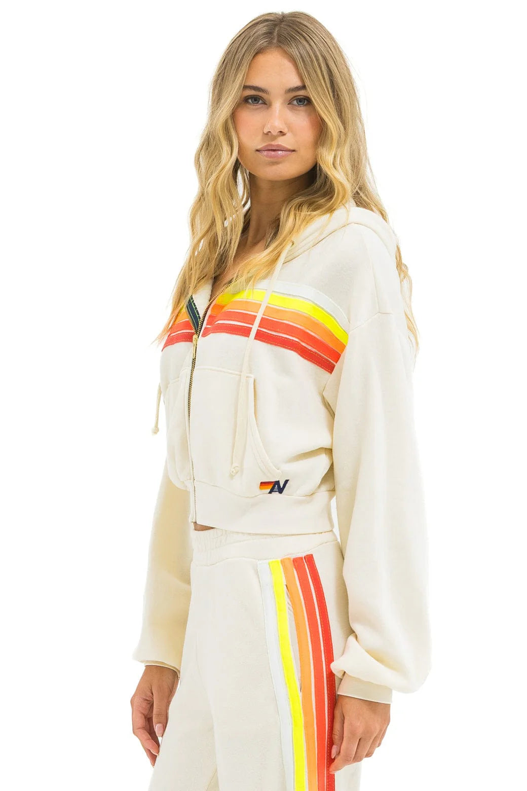 5 Stripe Cropped Zip Hoodie Relaxed- Vintage White /White Neon