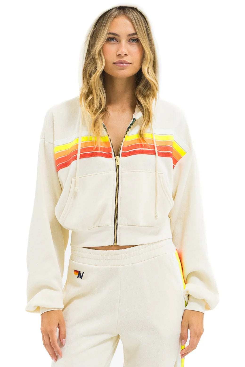5 Stripe Cropped Zip Hoodie Relaxed- Vintage White /White Neon