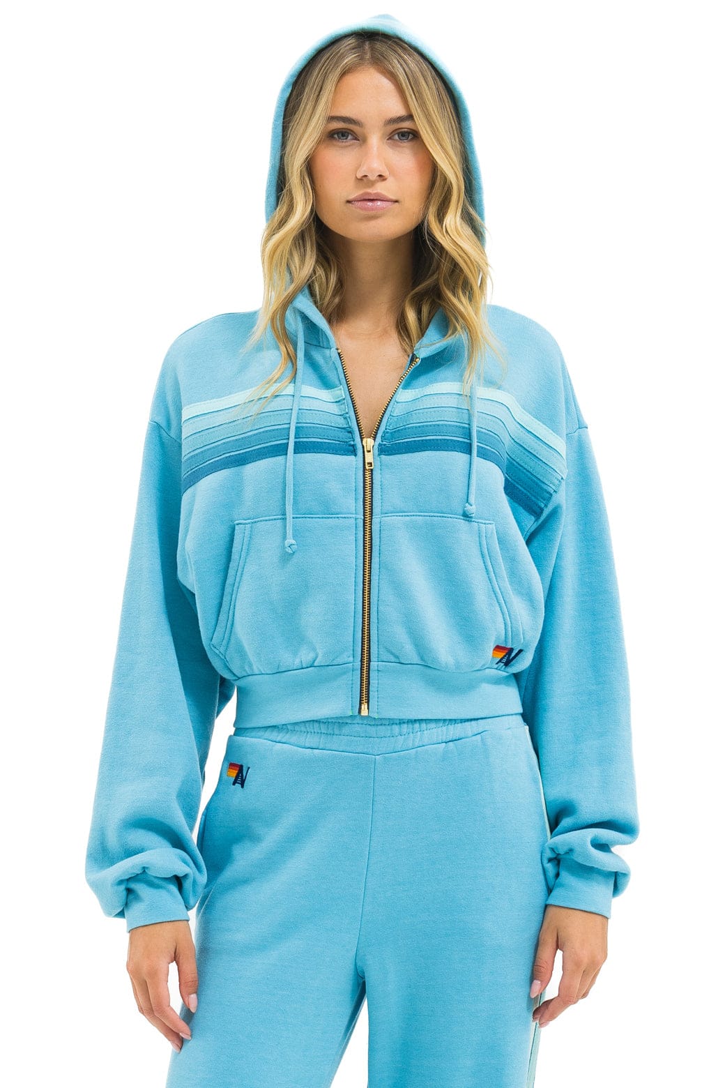 5 Stripe Cropped Zip Hoodie Relaxed -Aqua/ Aqua