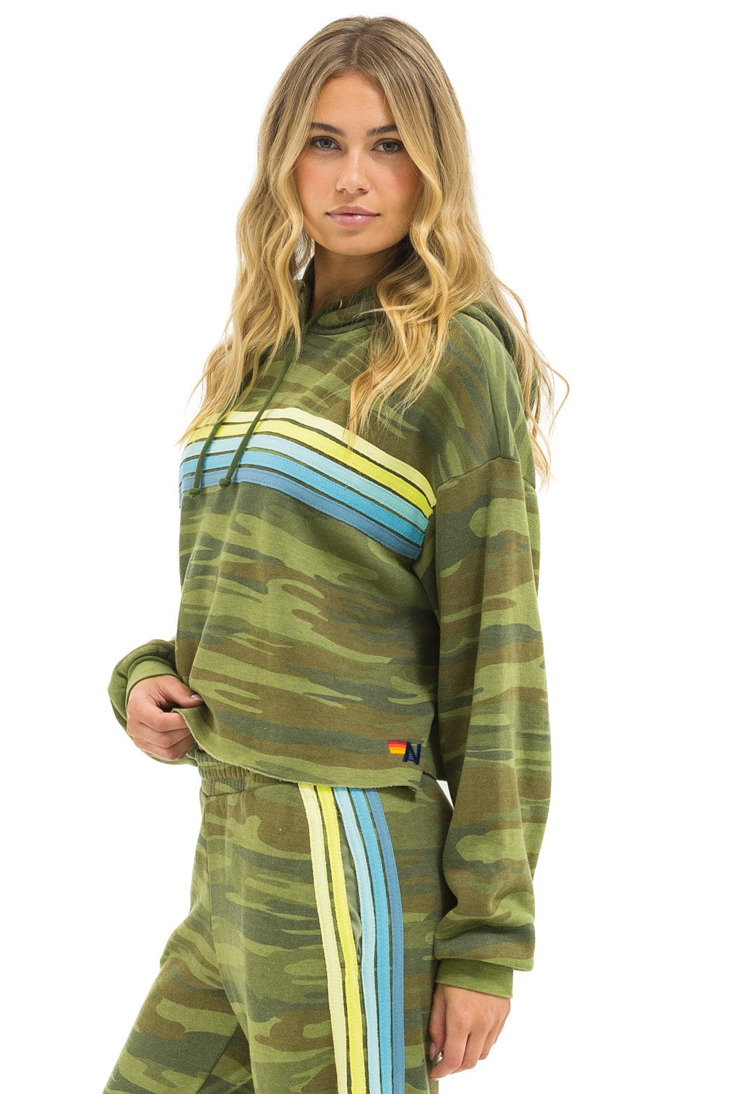 5 Stripe Relaxed Cropped Pullover Hoodie - Camo/Lime/Aqua