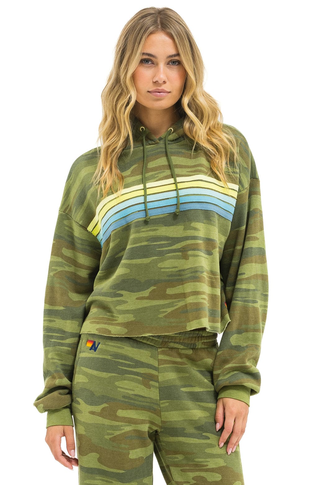 5 Stripe Relaxed Cropped Pullover Hoodie - Camo/Lime/Aqua