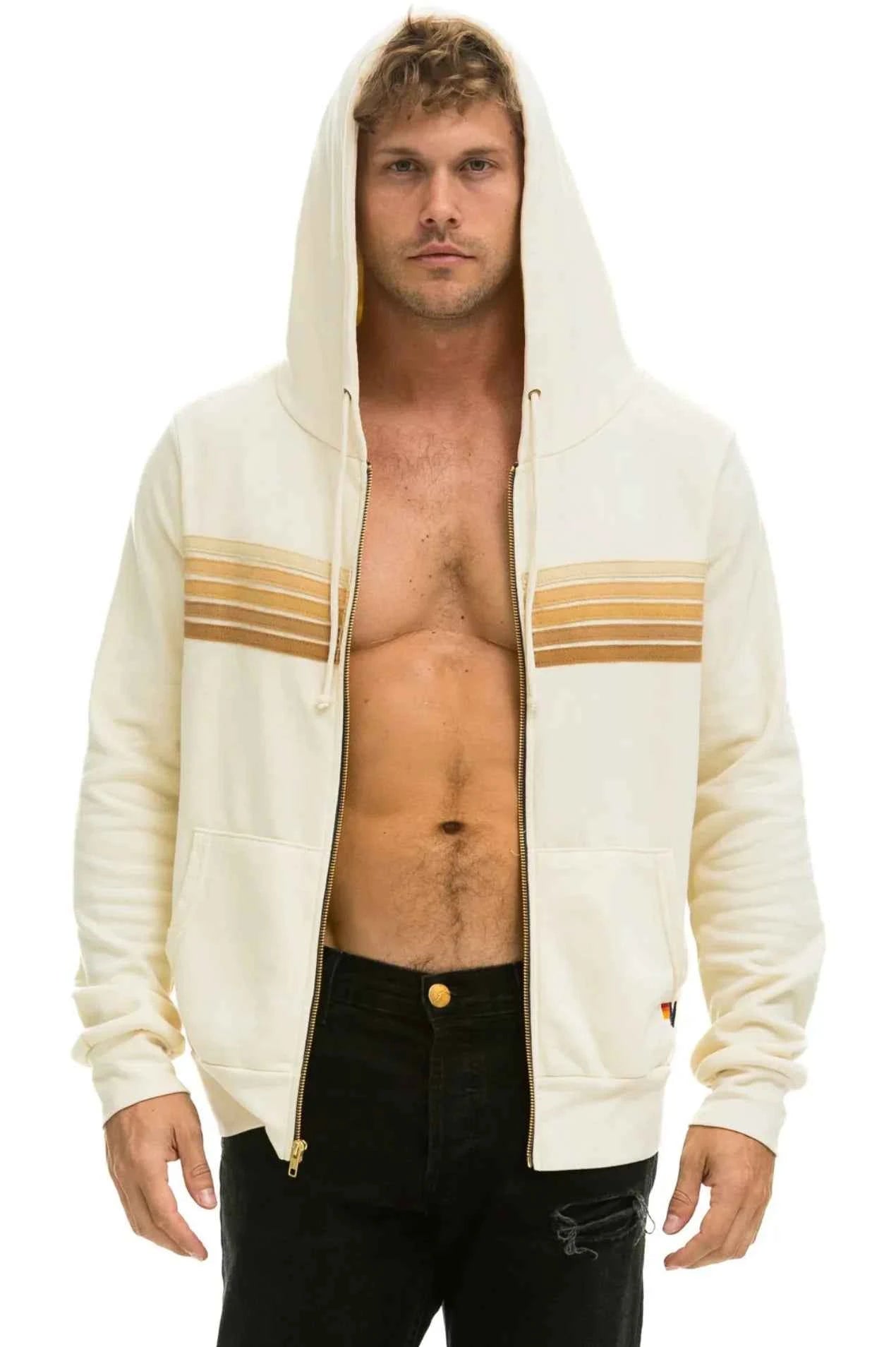 5 Stripe Zip Hoodie Vintage White Tan