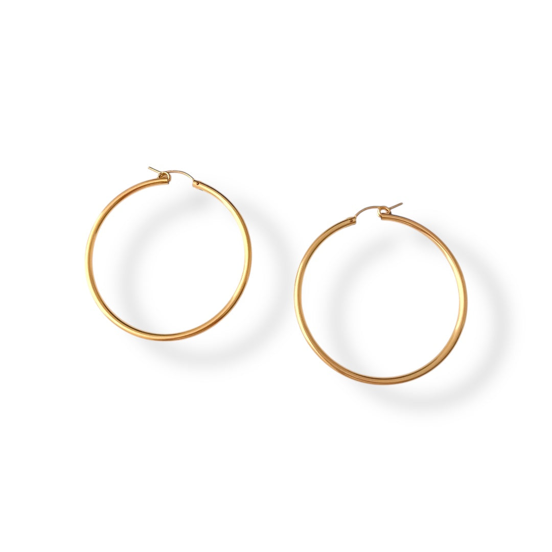 Gold hoop earrings on a white background
