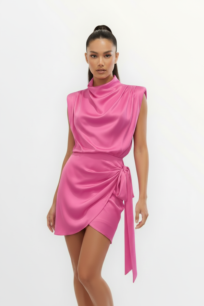 Cowl Neck Silk Wrap Dress in pink - Bella's House Tulsa