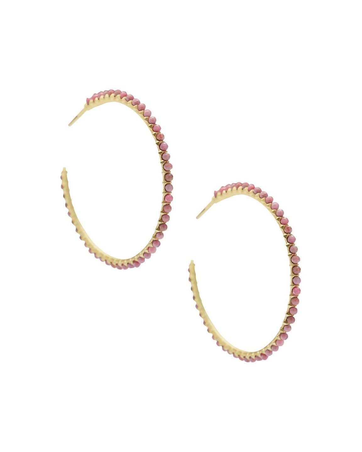 Birdie Gold Hoop Earrings in Pink Rhodonite