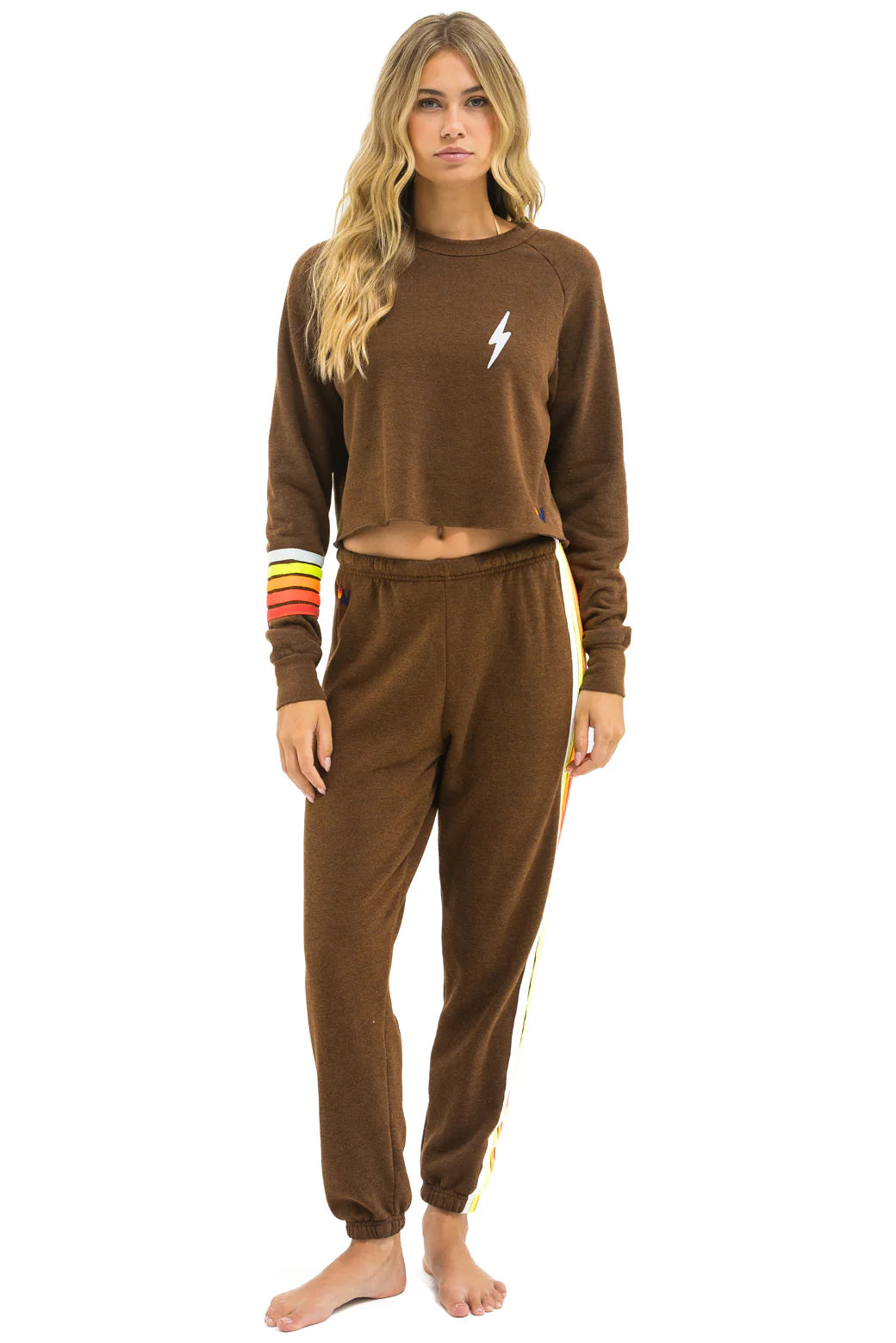 Bolt Rugby Stitch Cropped Crew Sweatshirt Chocolate White Neon