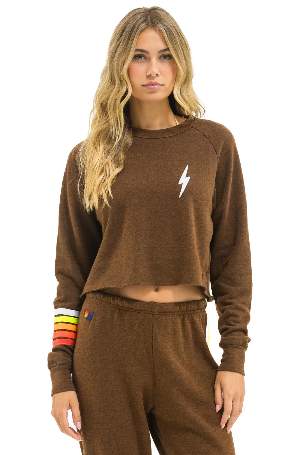 Bolt Rugby Stitch Cropped Crew Sweatshirt Chocolate White Neon