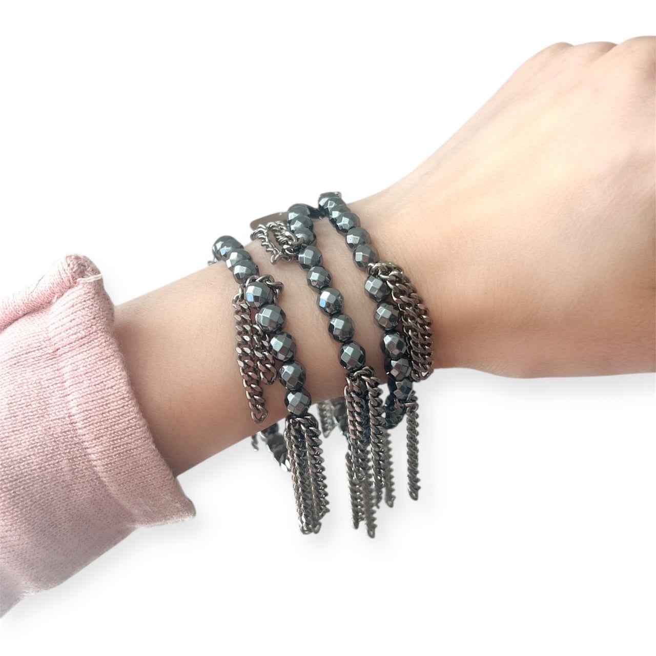Cha Cha Hematite Metallic Stretch 6mm Bead & Chain Bracelet