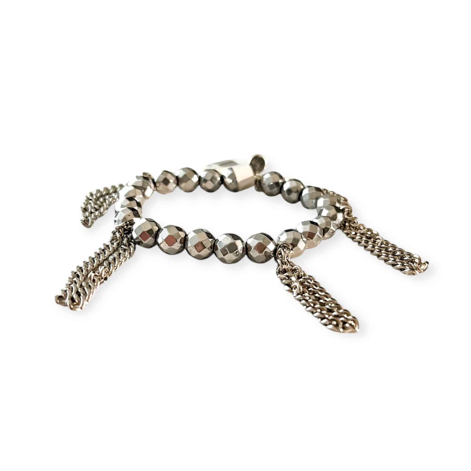 Cha Cha Hematite Silver Metallic Stretch 8mm Bead & Chain Bracelet