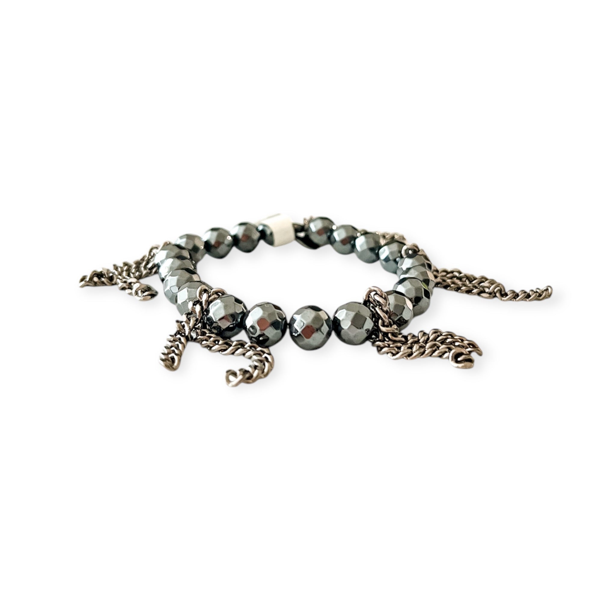 Cha Cha Hematite Metallic Stretch 8mm Bead & Chain Bracelet