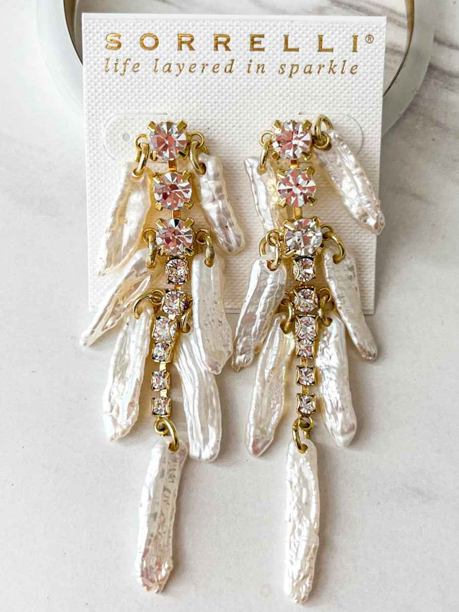 EEC7BGPLP Gold Crystals Polished Pearl Dangle Earrings