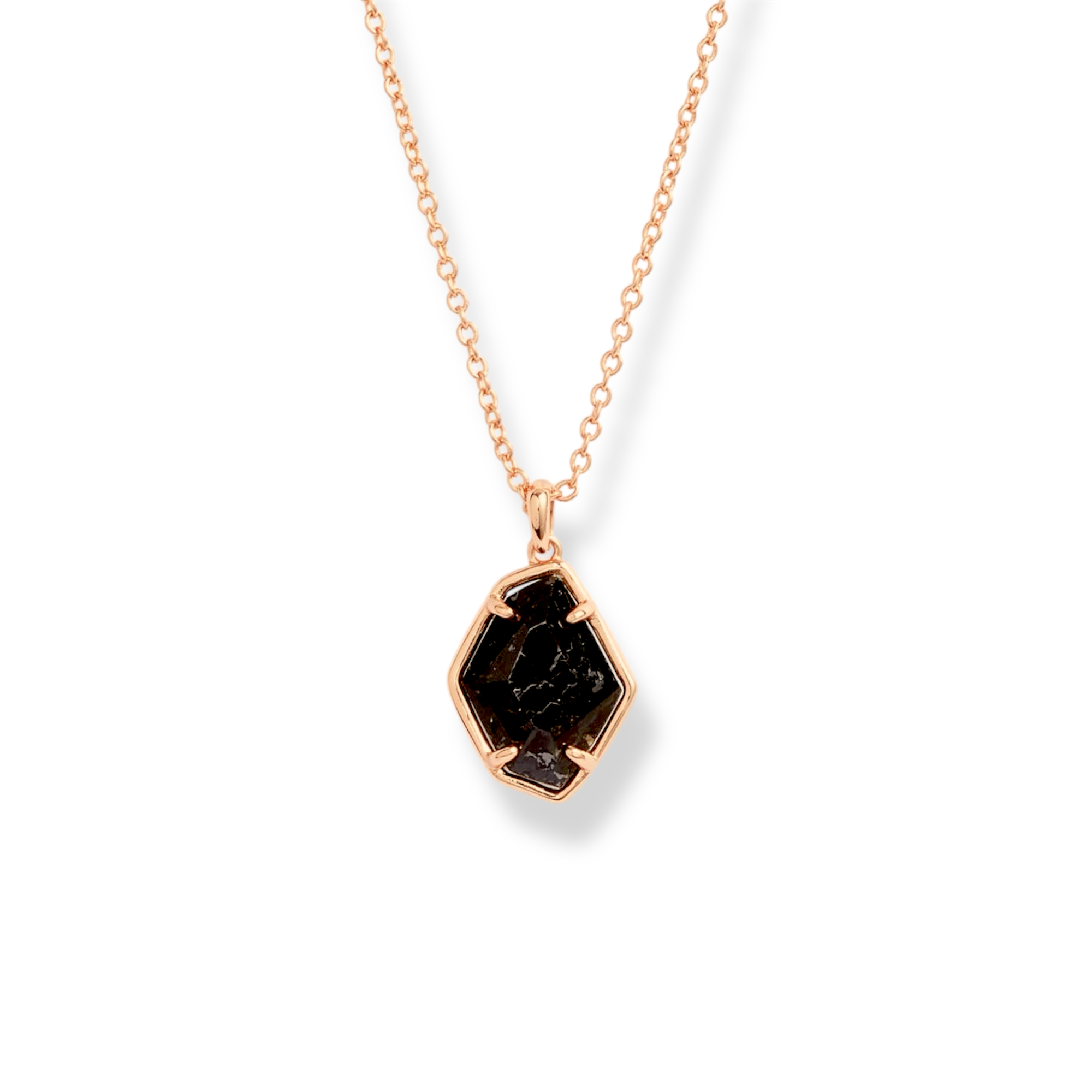 Necklace with a rose gold chain and black pendant on a white background