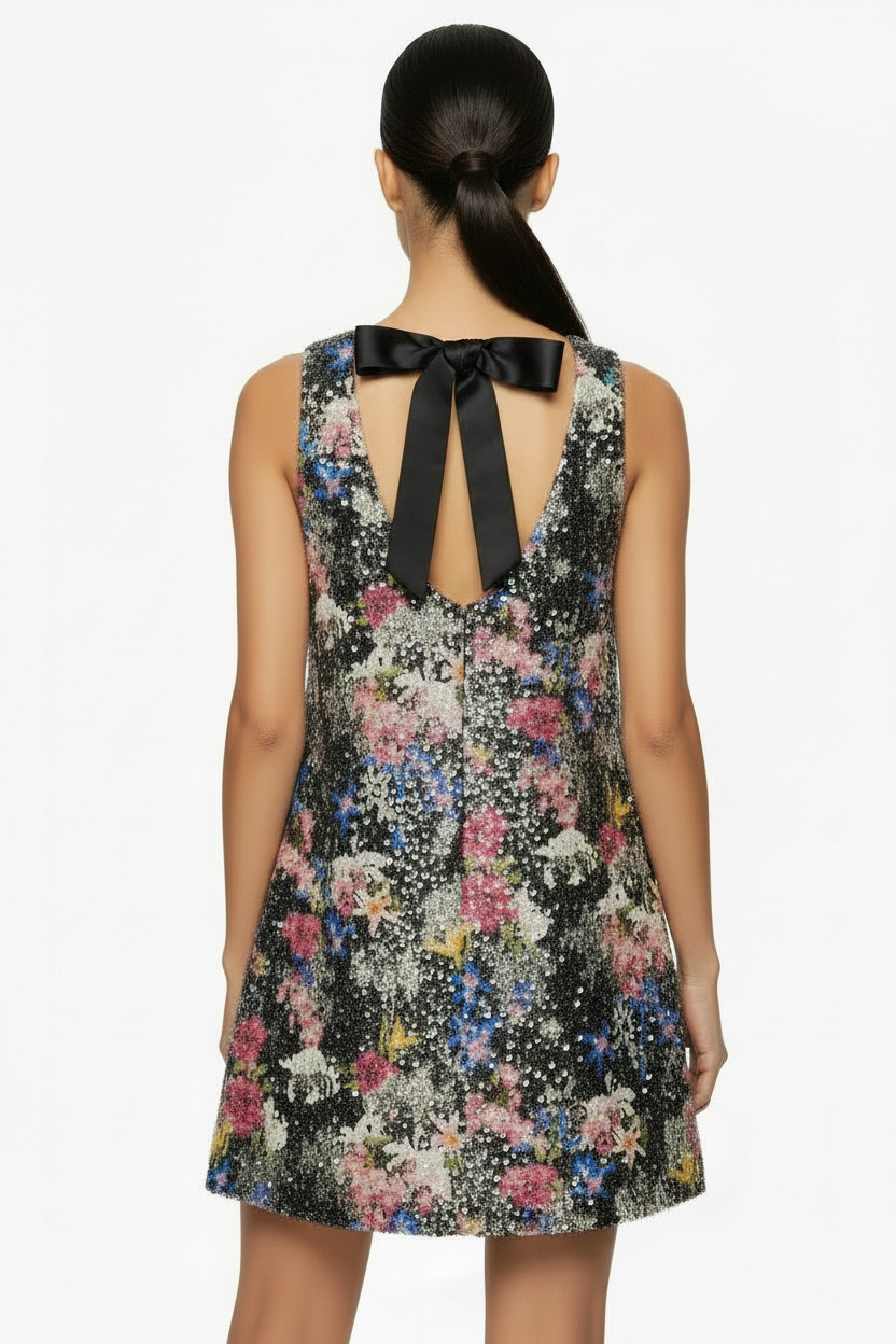 Floral dress with a black bow on the back, worn by a model against a white background