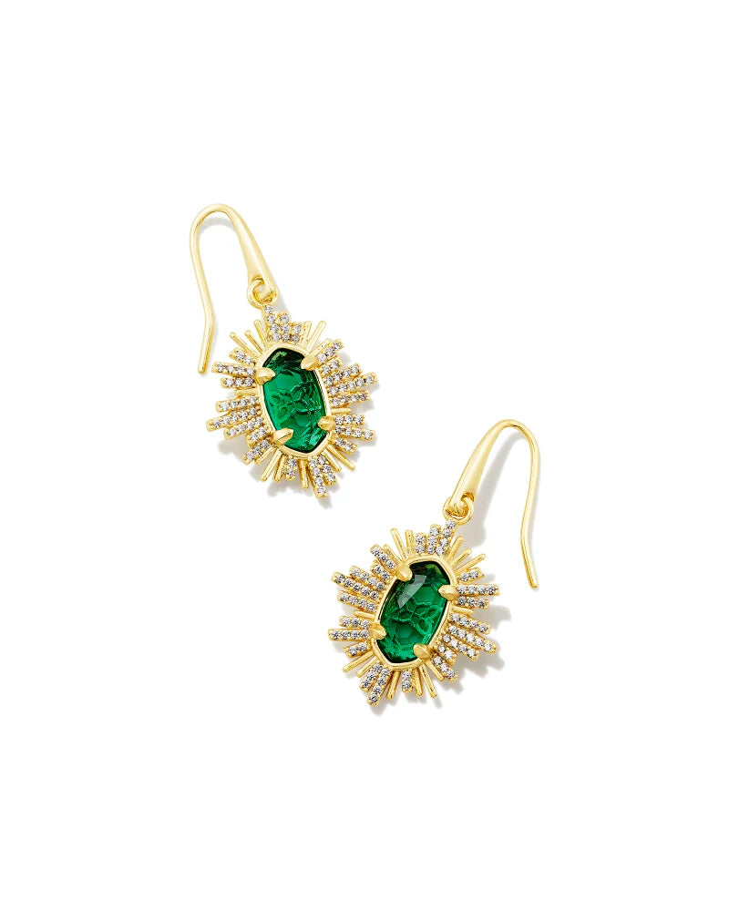 Grayson Gold Sunburst Drop Earrings in Green Glass