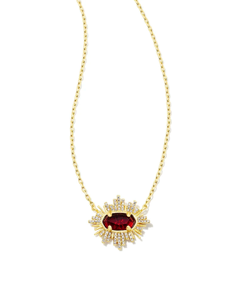Grayson Gold Sunburst Frame Short Pendant Necklace in Red Glass