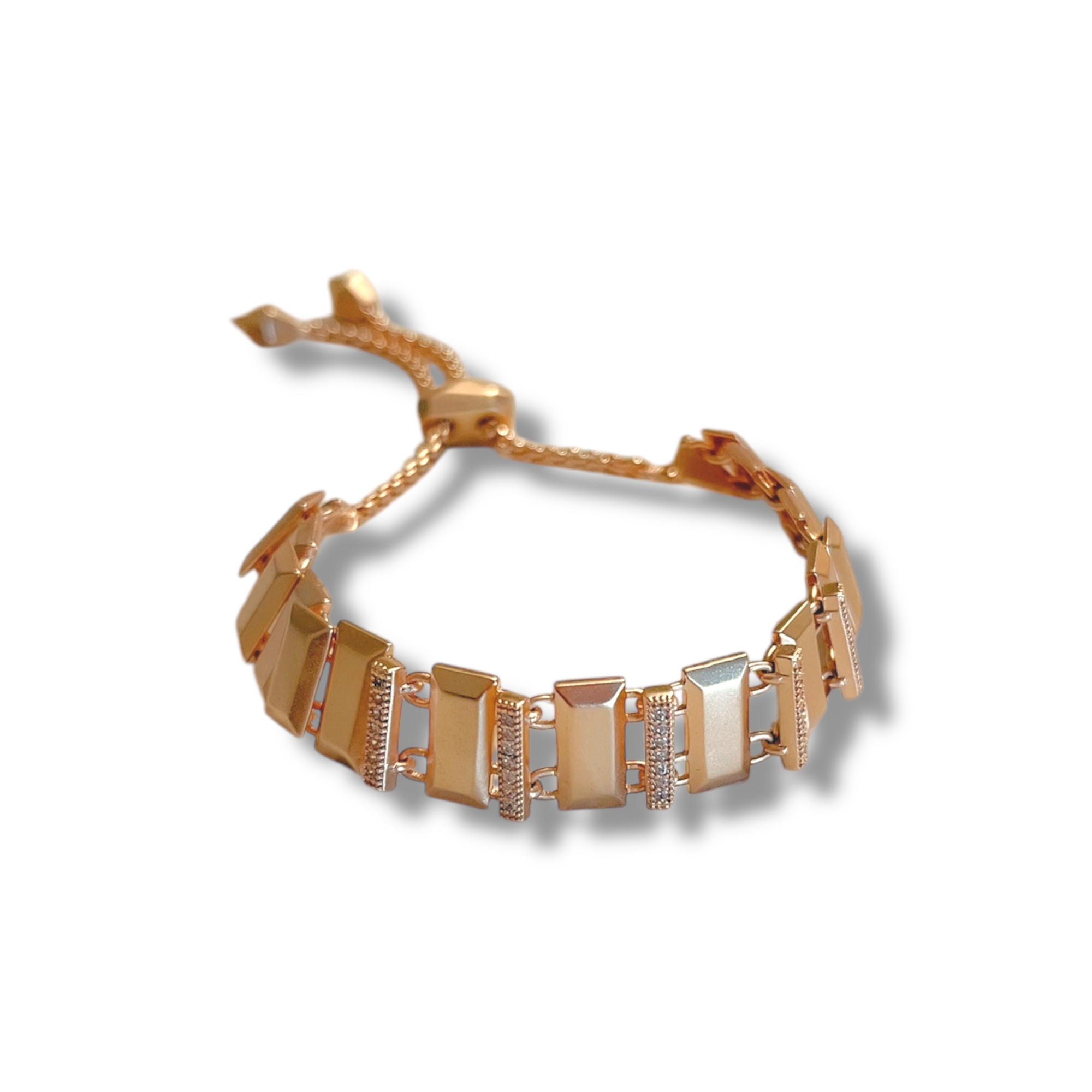 Harp Adjustable Pave Chain Bracelet Rectange Bar Rose Gold Tone