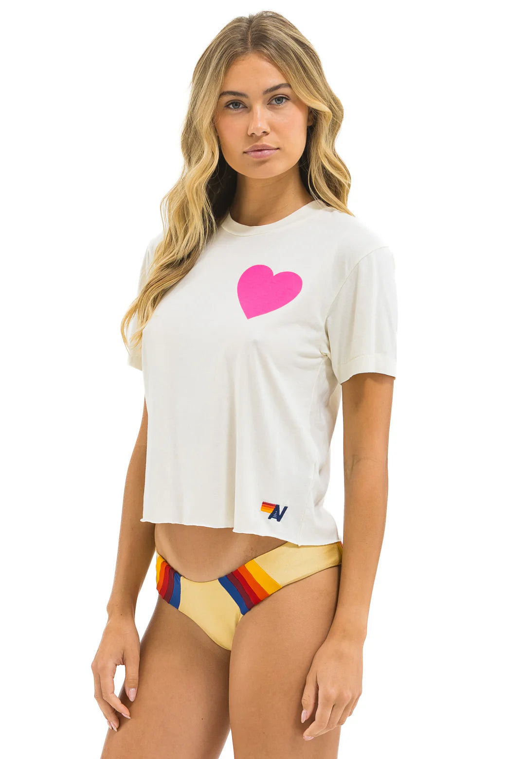 Heart Print Boyfriend Tee - Vintage White Neon Pink