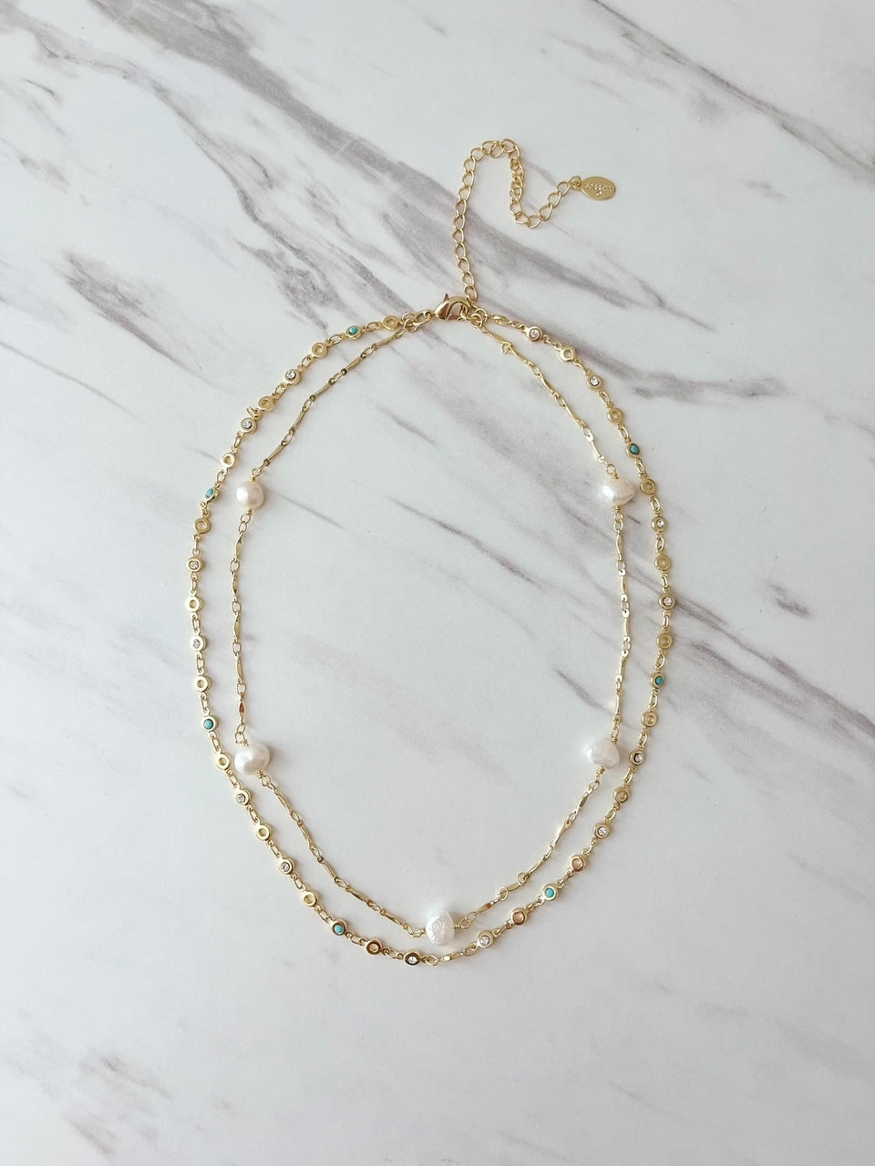 NEC10BGPLP Bright Gold Double Strand Necklace Polished Pearl - Bella's House Tulsa