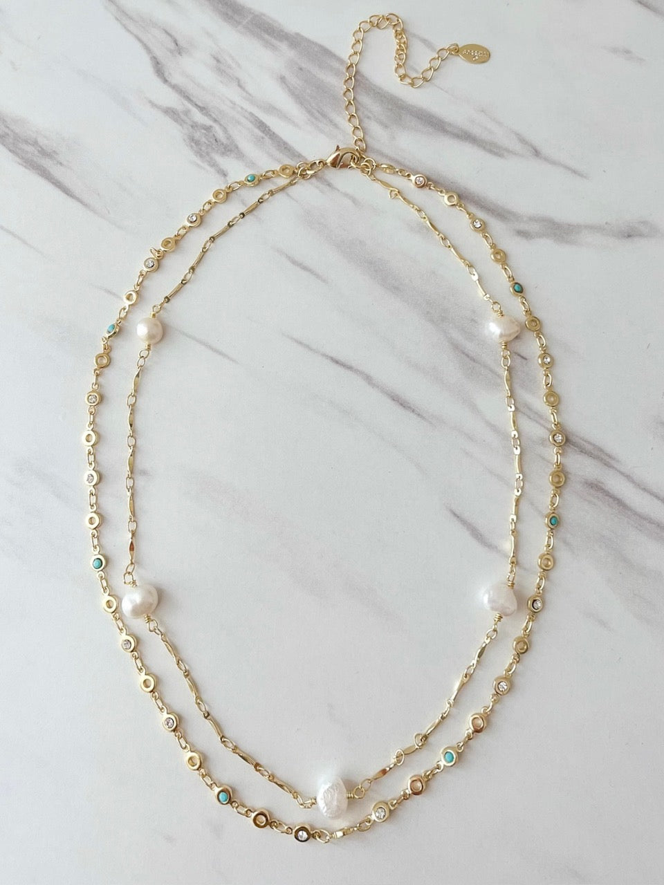 NEC10BGPLP Bright Gold Double Strand Necklace Polished Pearl - Bella's House Tulsa