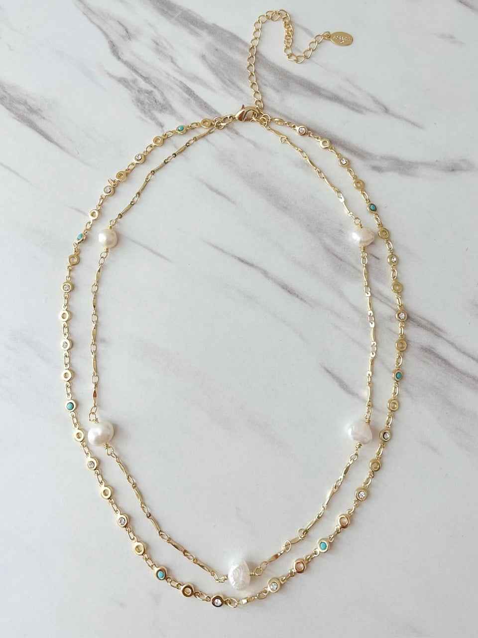 NEC10BGPLP Bright Gold Double Strand Necklace Polished Pearl