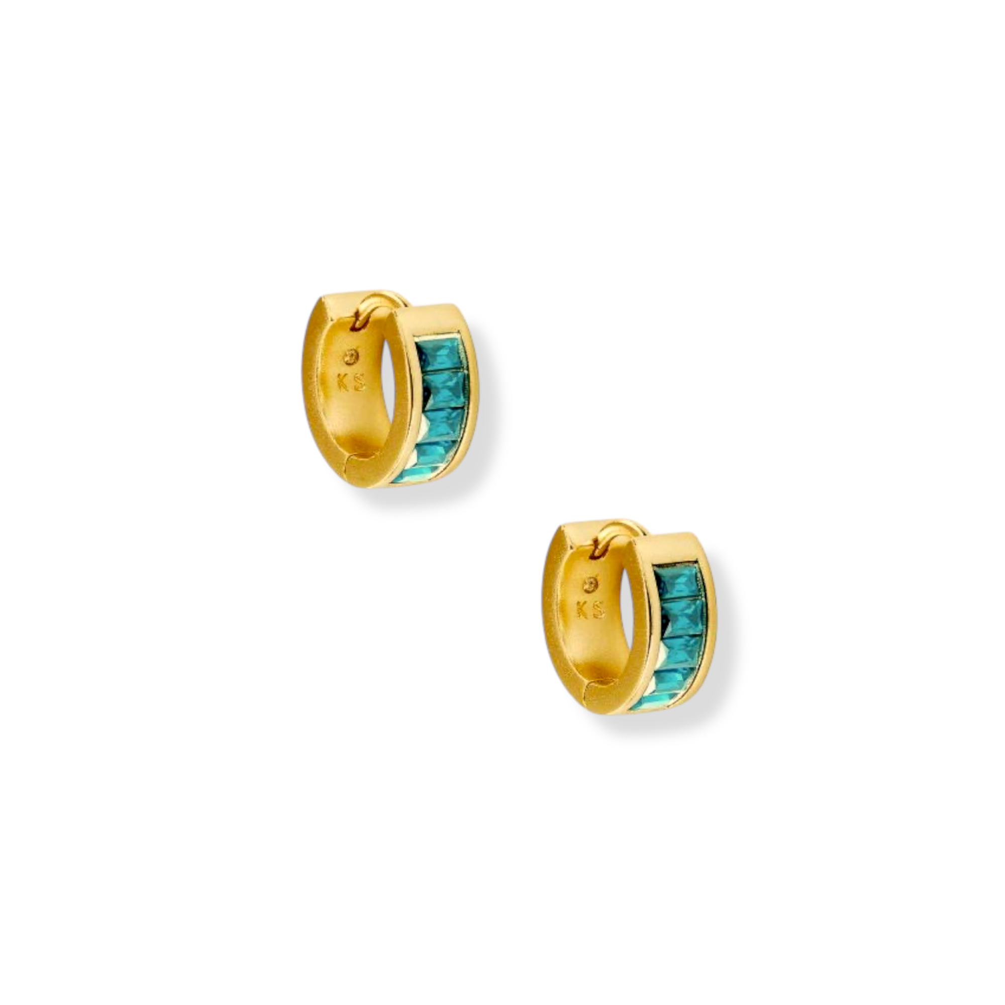 Jack Huggie Hoop Earrings in Teal Crystal, Vintage Gold-Tone