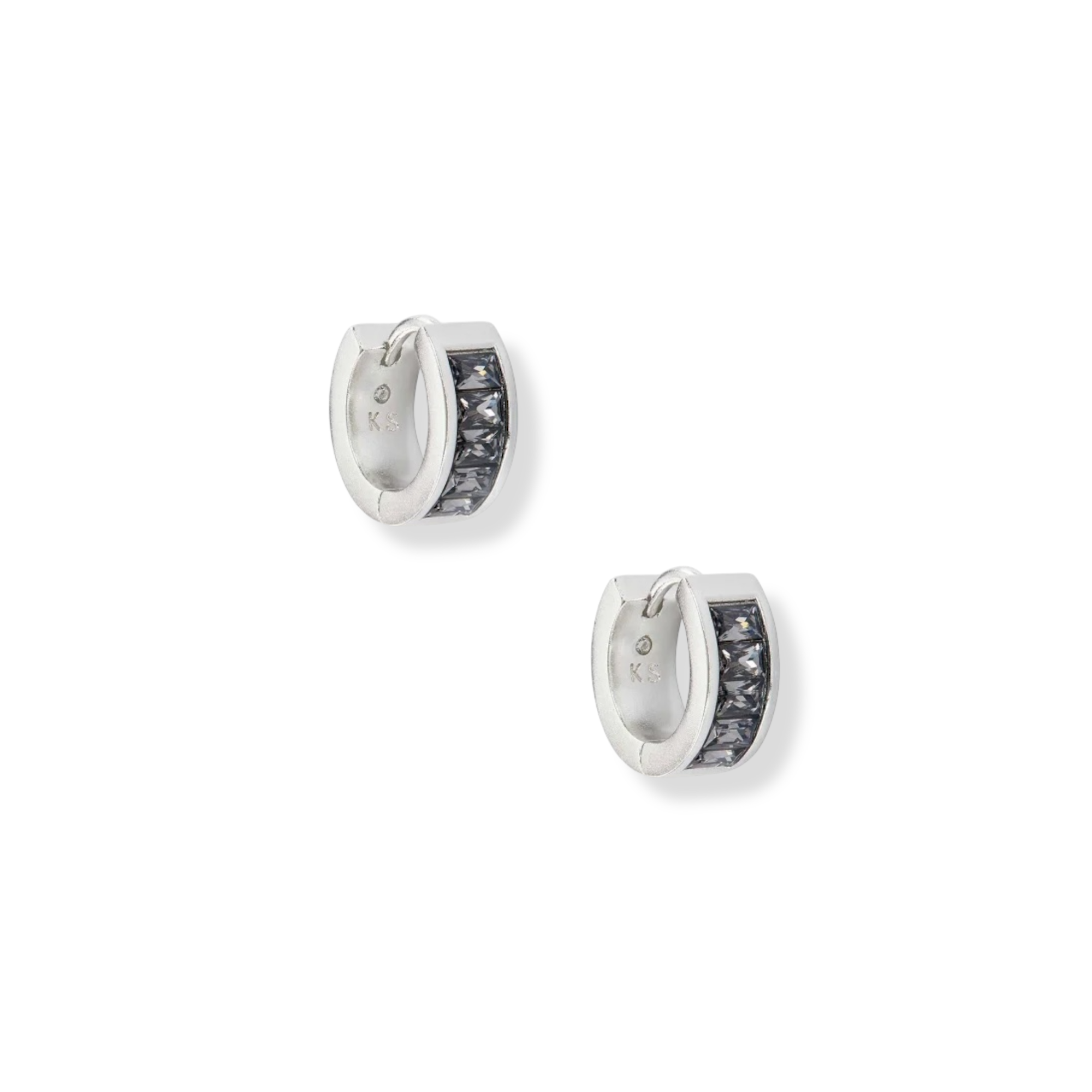 Jack Huggie Silver Hoop Earrings in Charcoal Gray Crystal