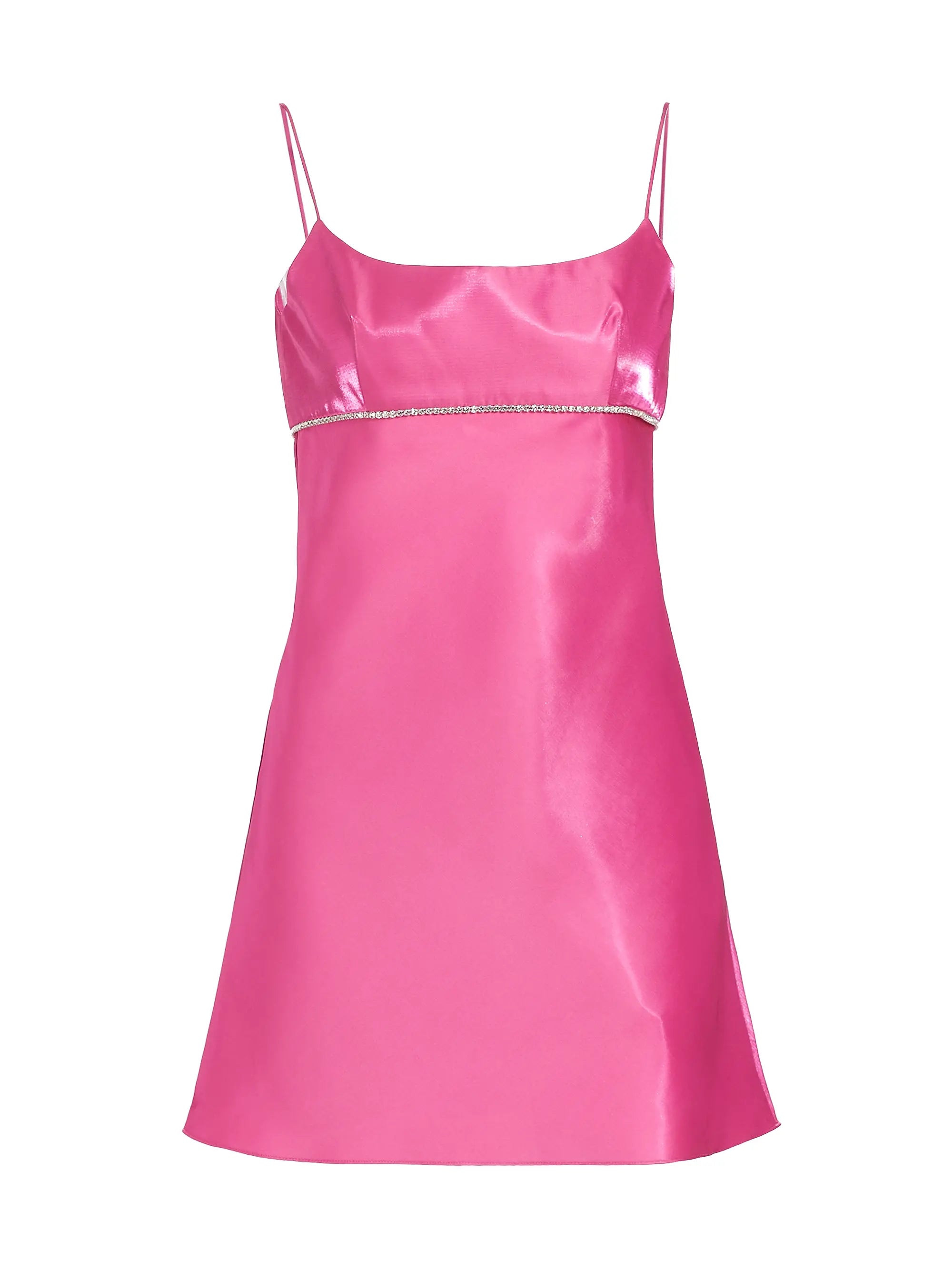 Pink satin slip dress with thin straps on a white background