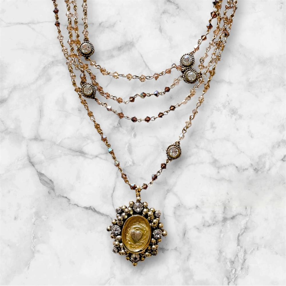 Magdalena - Sacred Heart Pendant 4mm Bicone Bead Wrap Gold Sunset Sky Clear - Bella's House Tulsa