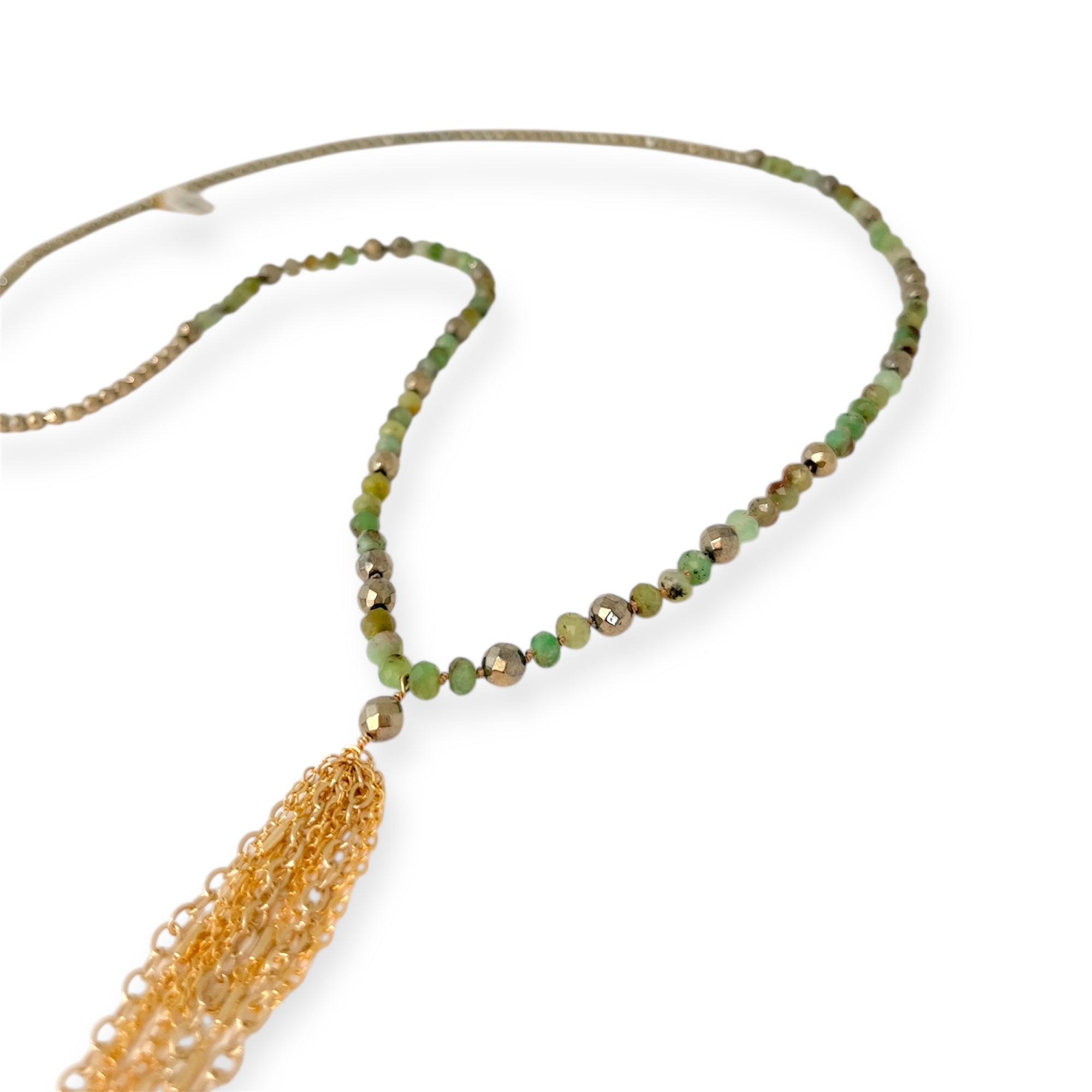 Meeko Chrysocolla & Hematite Beaded Necklace with Gold Tassel