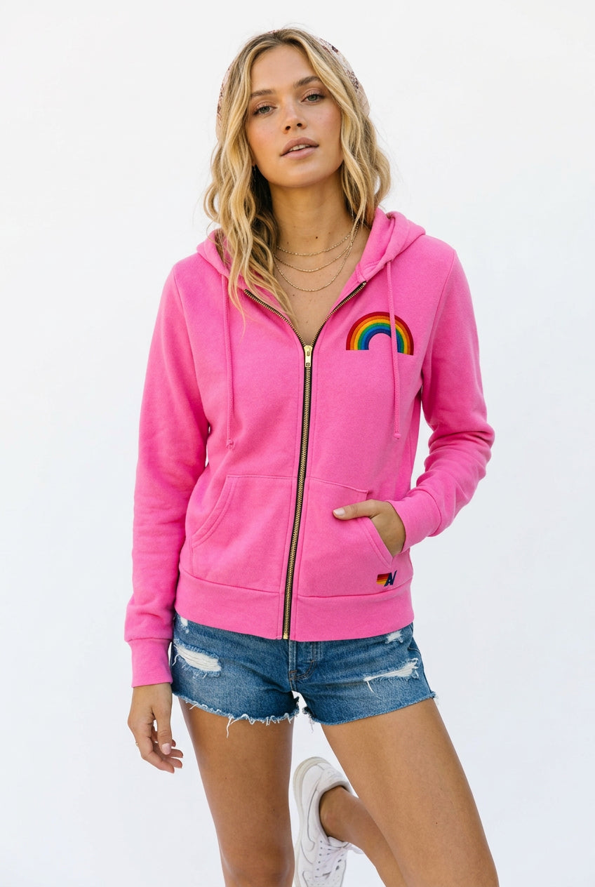 Rainbow Embroidery Zip Hoodie Pink