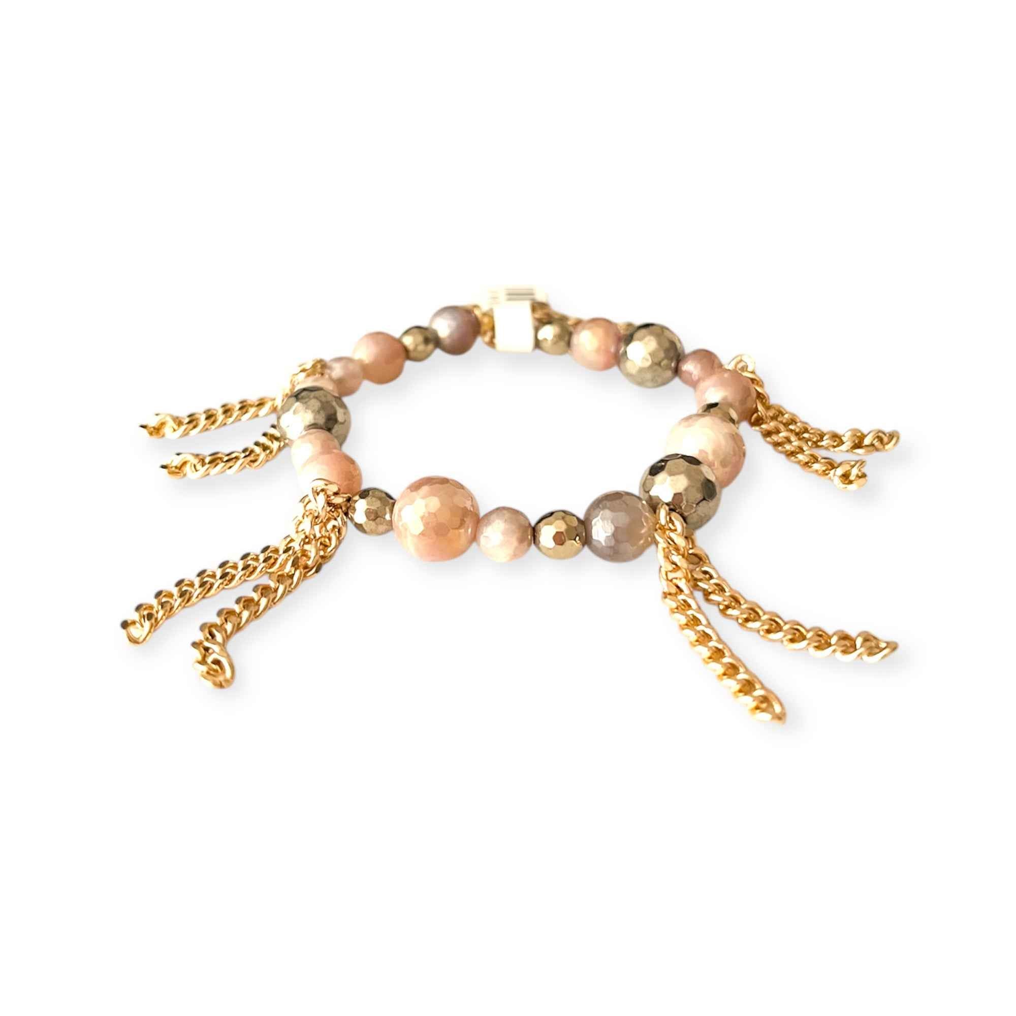 Rose Gold Mix Metal Stretch Large Bead & Chain Bracelet
