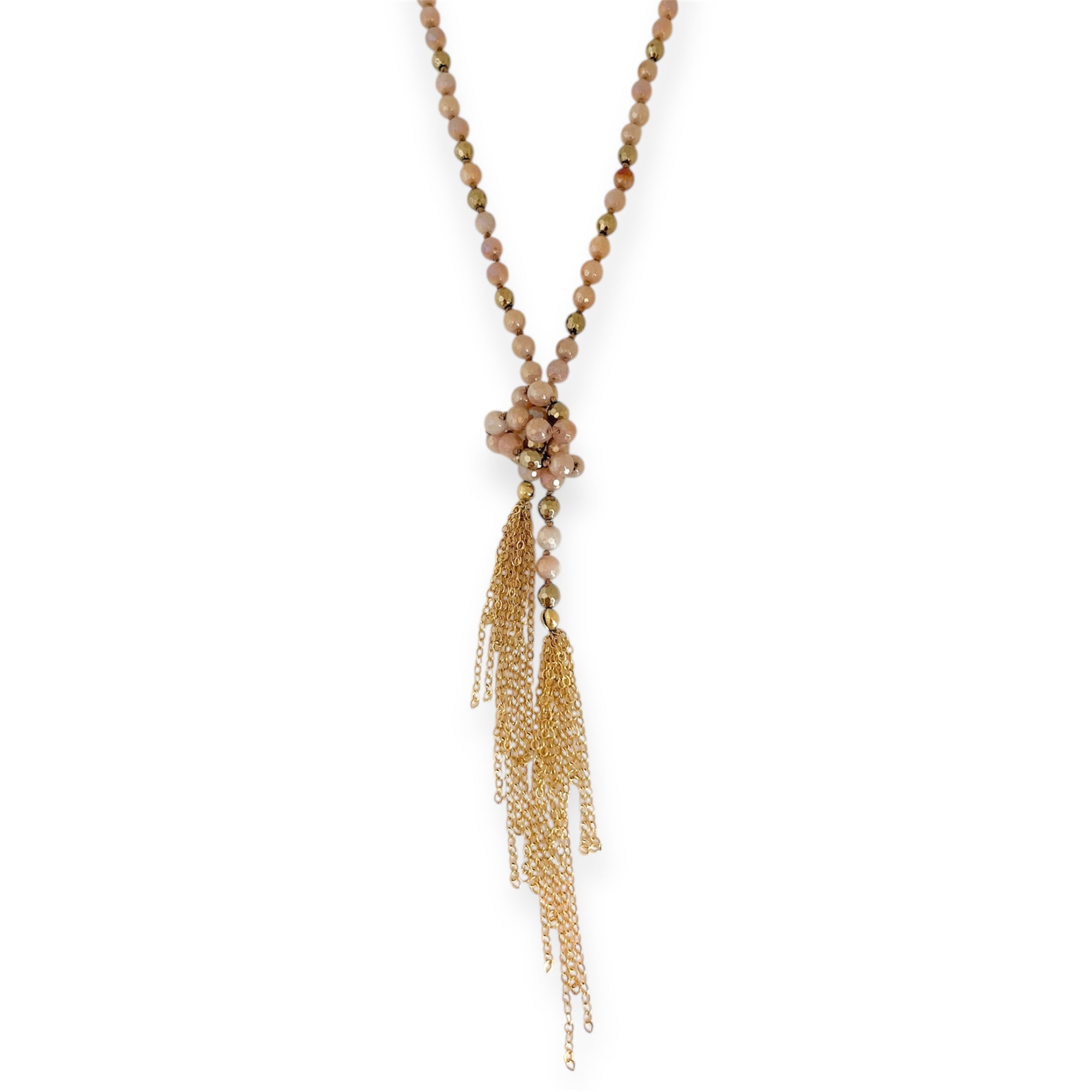 Rose Gold Agate Knotted Beaded Tassel Necklace