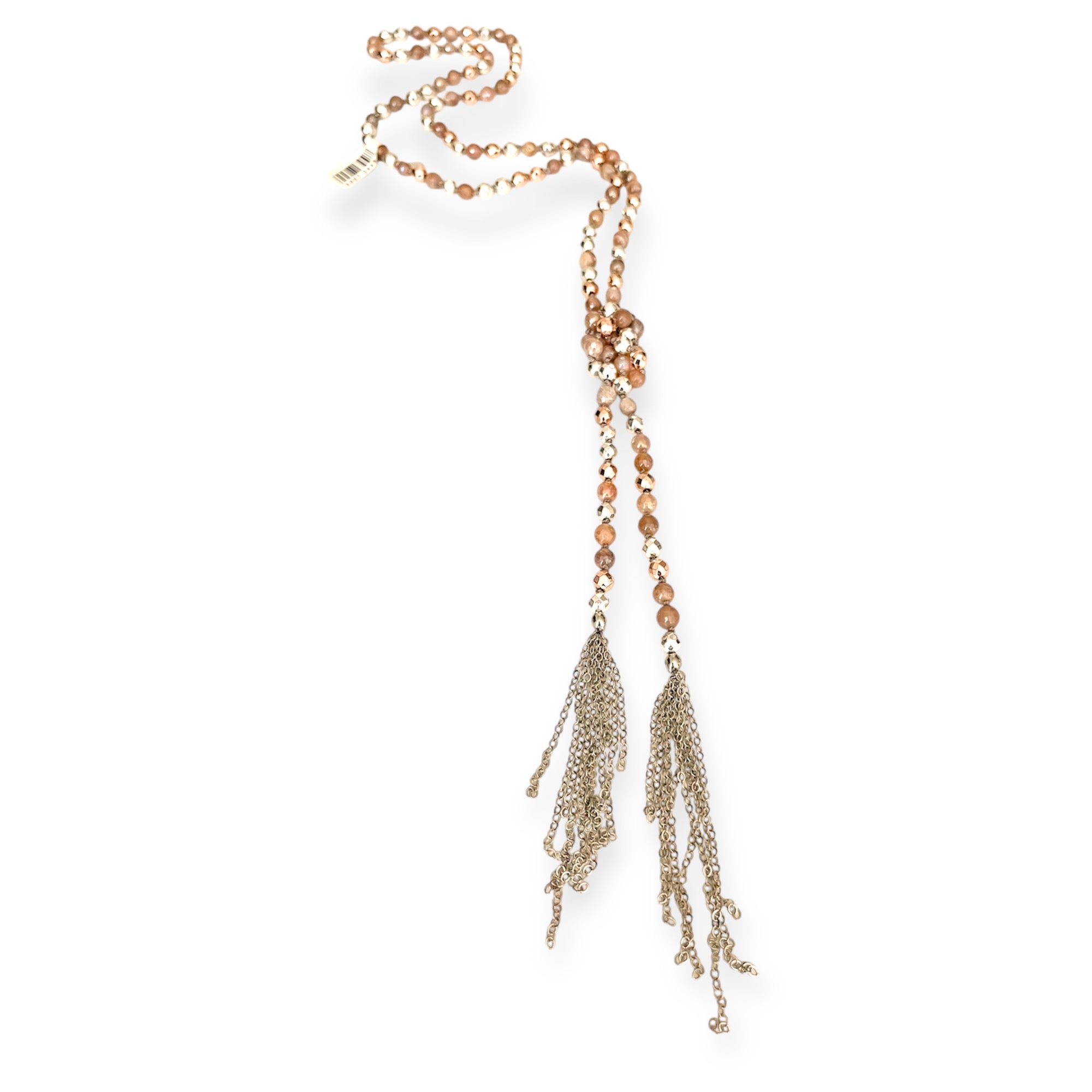 Rose Gold Silver Agate Knotted Beaded Tassel Necklace