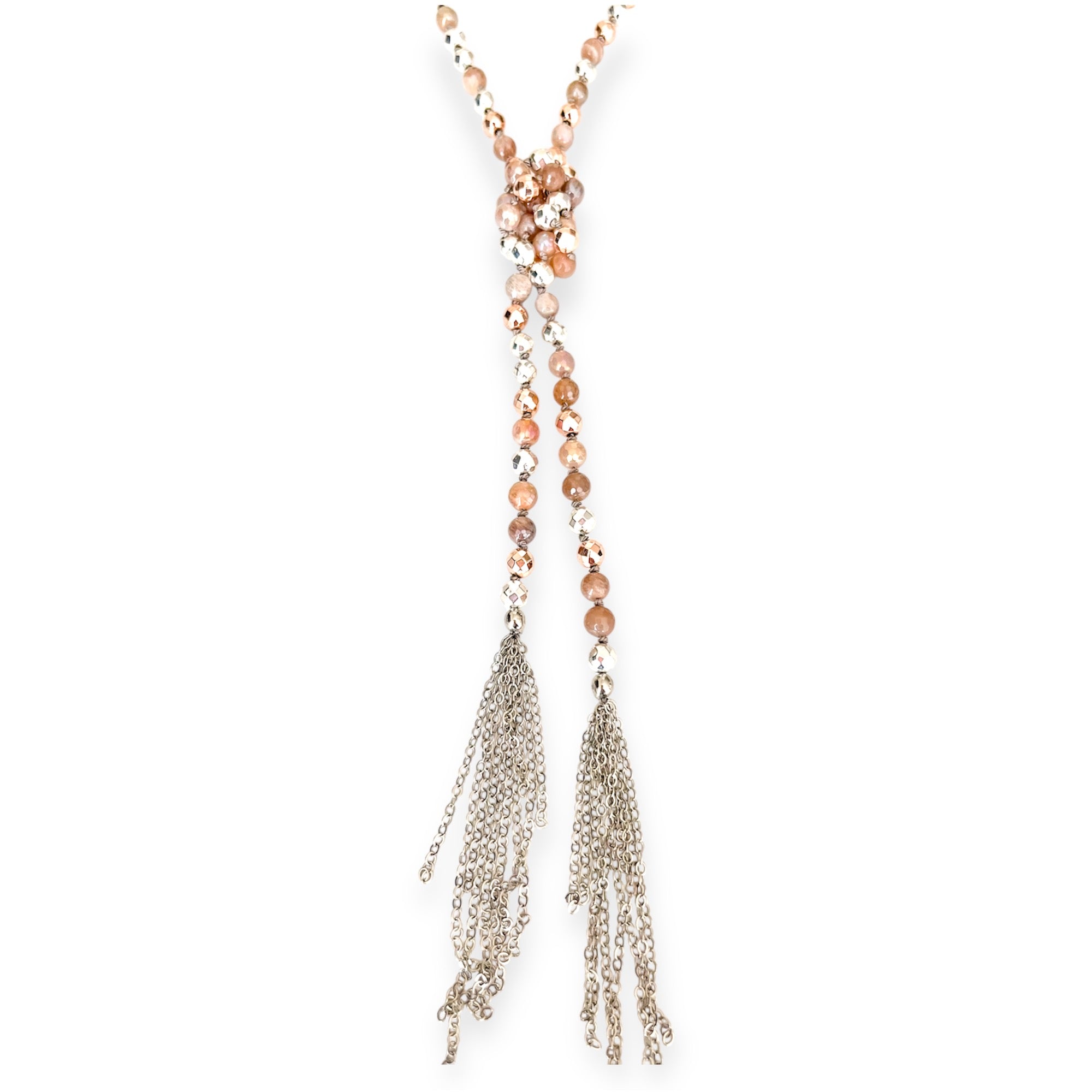Rose Gold Silver Agate Knotted Beaded Tassel Necklace