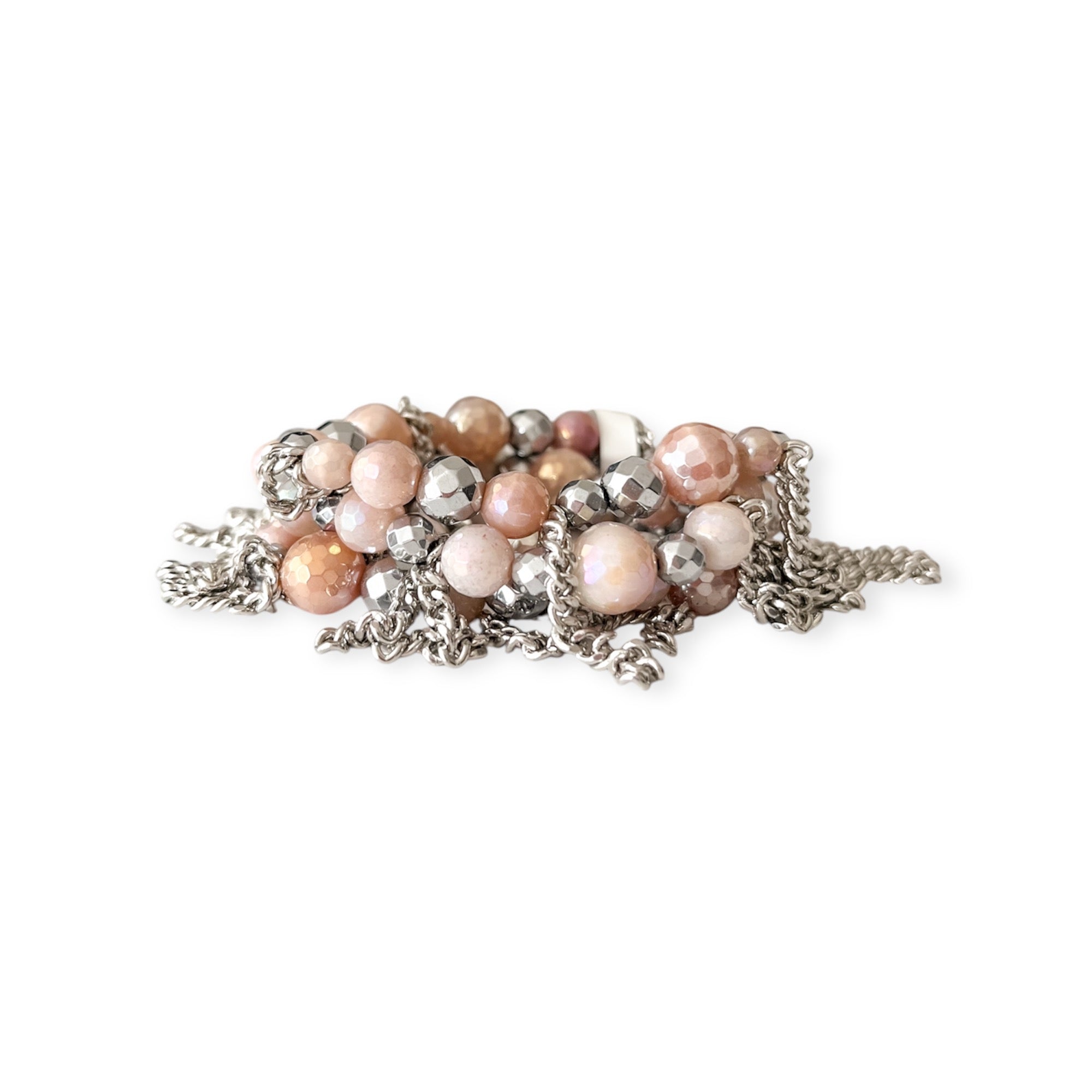 Rose Gold Silver Mix Metal Stretch Large Bead & Chain Bracelet