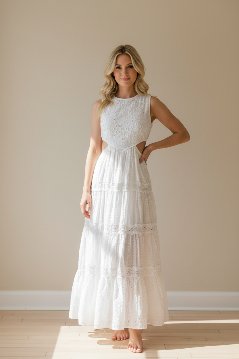 White Tiered Eyelet Cutout Maxi Dress - Bella's House Tulsa