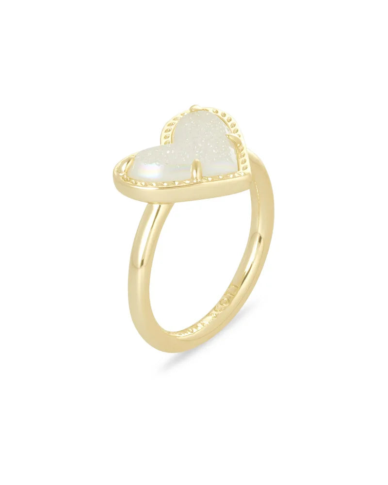 Ari Heart Gold Band Ring Ivory Iridescent Drusy