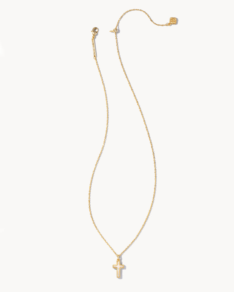 Cross Gold Pendant Necklace in White Kyocera Opal