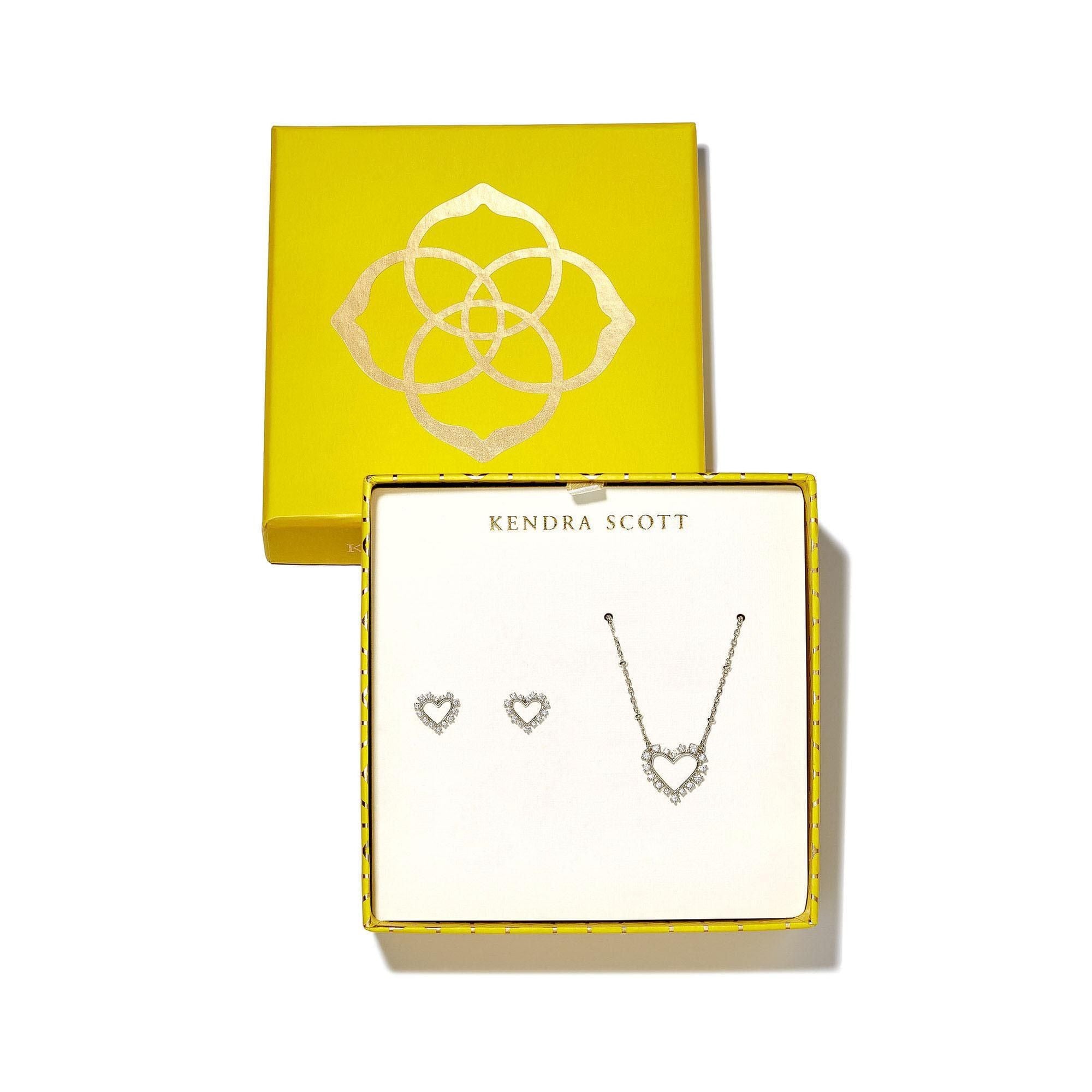 Ari Heart Pendant Necklace and Earrings Gift Set in Rhodium White Crystal - Bella's House Tulsa