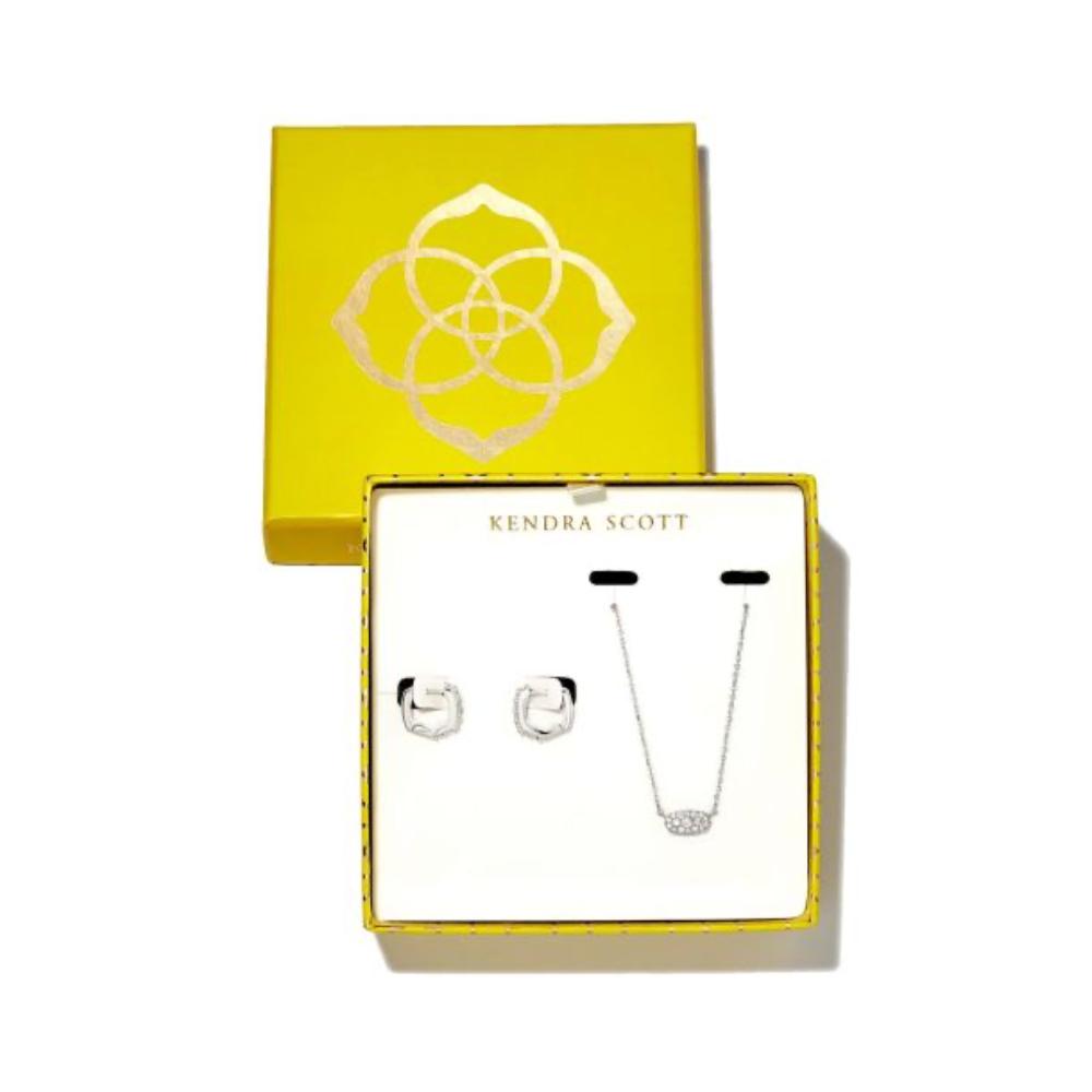Grayson Pendant Necklace & Huggie Earring Gift Set in Rhodium White Crystal - Bella's House Tulsa