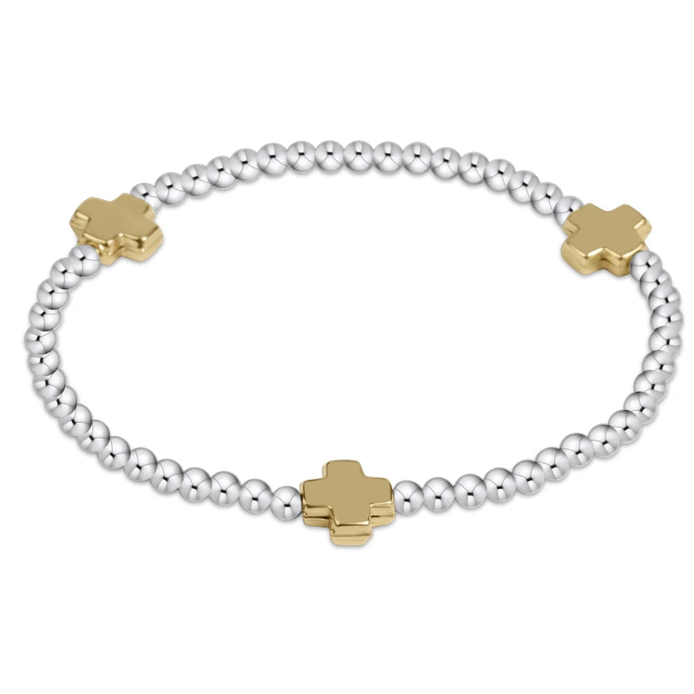 Signature Cross Small Sterling Mixed Metal Pattern 2 mm Bead Bracelet- Gold - Bella's House Tulsa