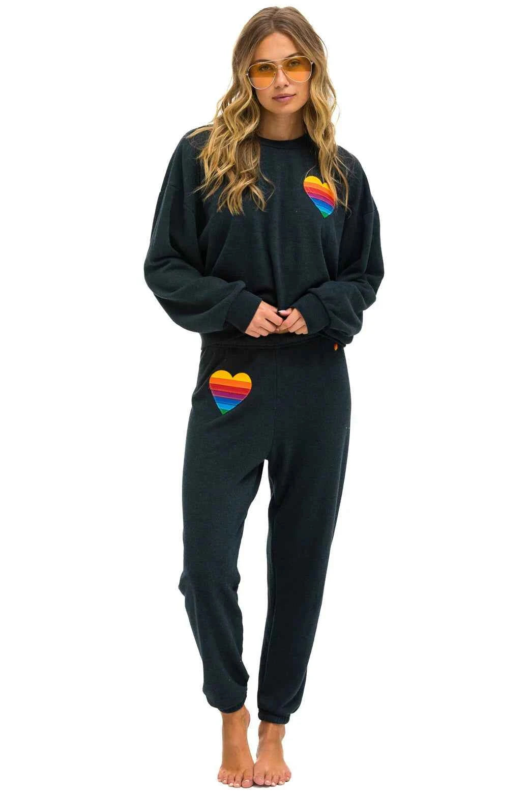 Rainbow Heart Stitch Crew Sweatshirt Relaxed Charcoal