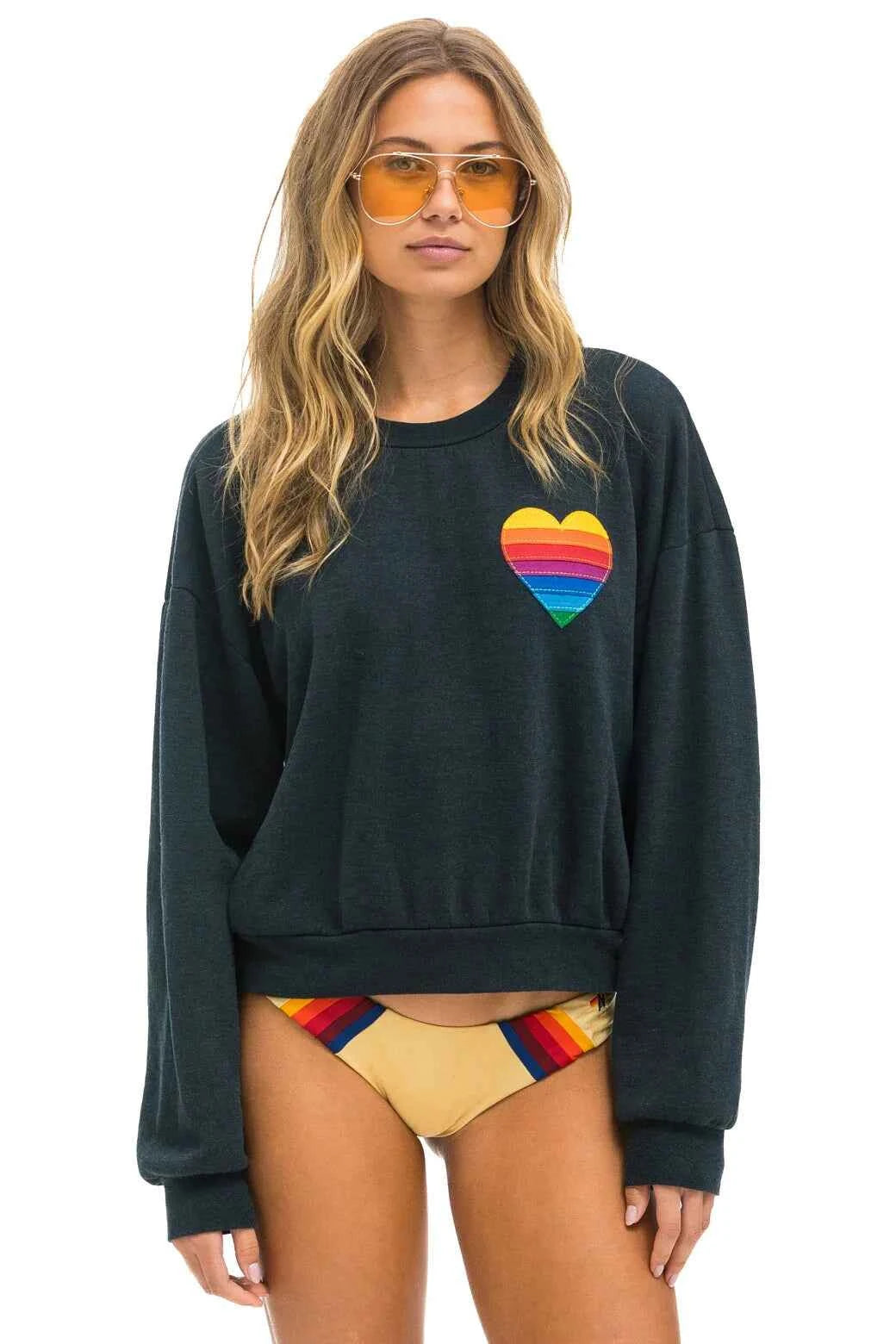 Rainbow Heart Stitch Crew Sweatshirt Relaxed Charcoal