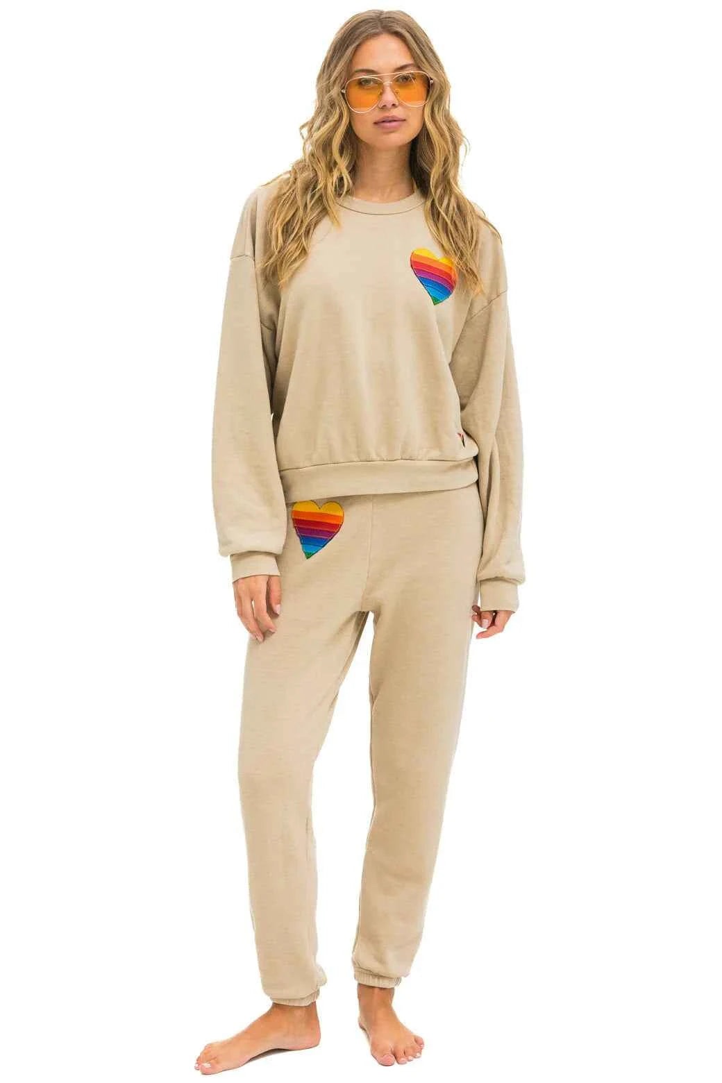 Rainbow Heart Stitch Crew Sweatshirt Relaxed Sand