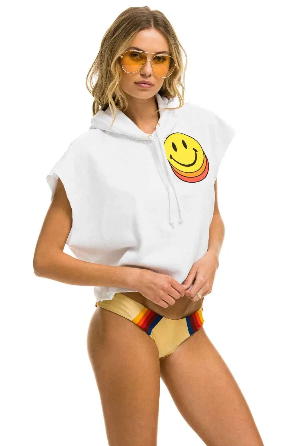 Smiley Sunset Sleeveless Relaxed Cropped Hoodie- White