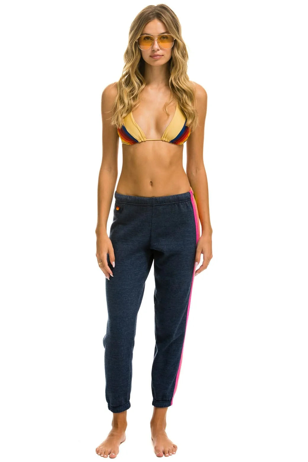 Bolt Embroidery Classic Cropped Crew Sweatshirt Heather Navy/Neon Stripes